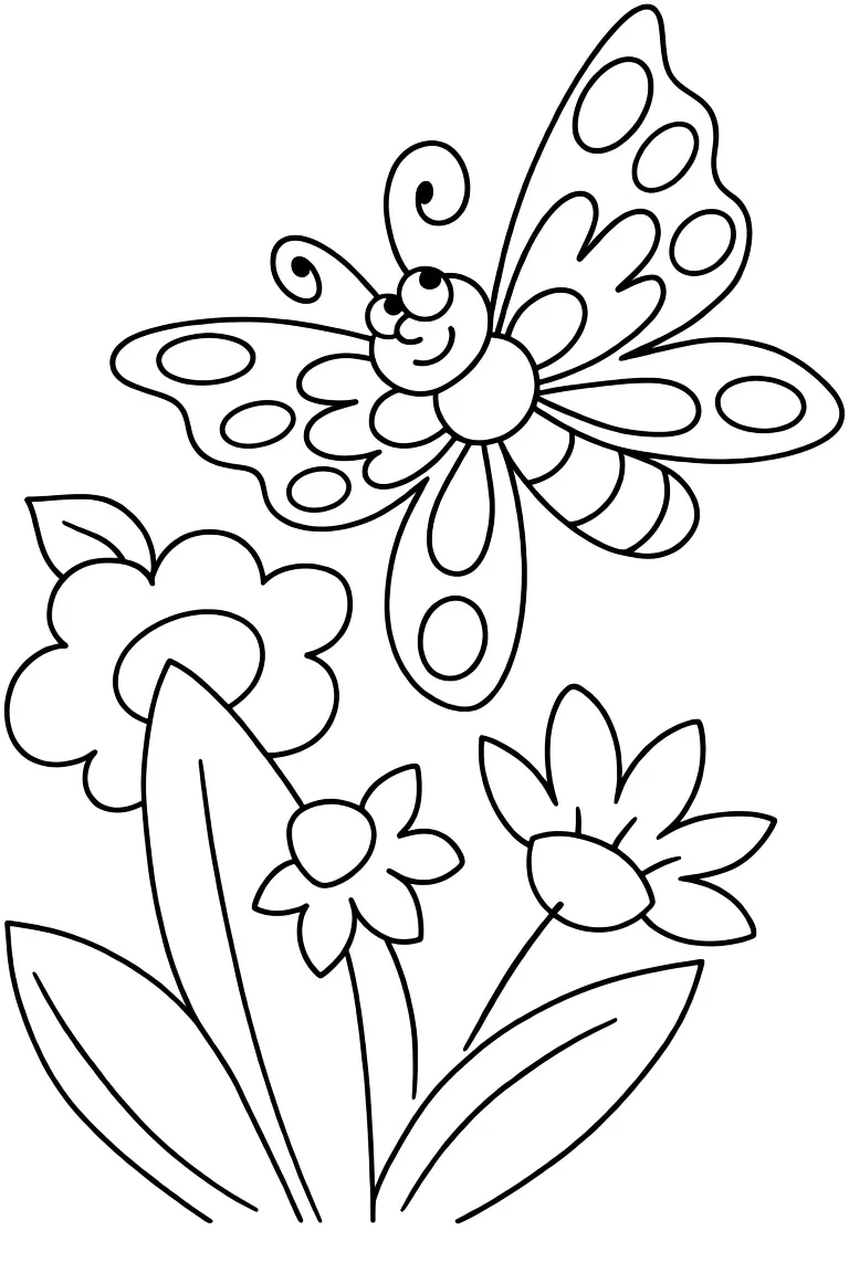 Раскраска – Бабочка и ромашки