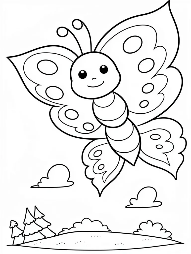Раскраска – Бабочка летит над лесом