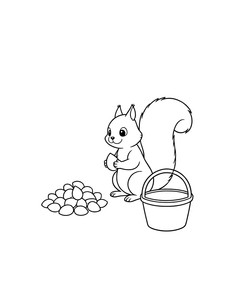 Раскраска – Белочка собрала орехи