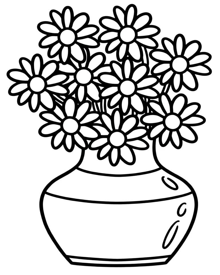 Раскраска – Букет ромашек в вазе