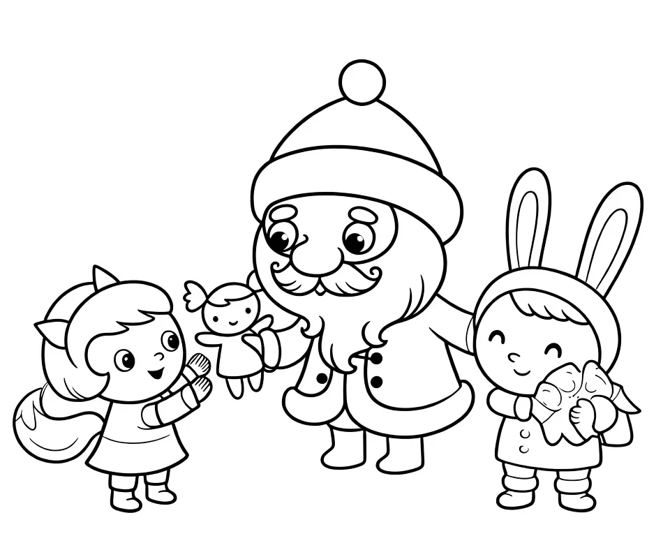 Раскраска – Дед мороз дарит подарки