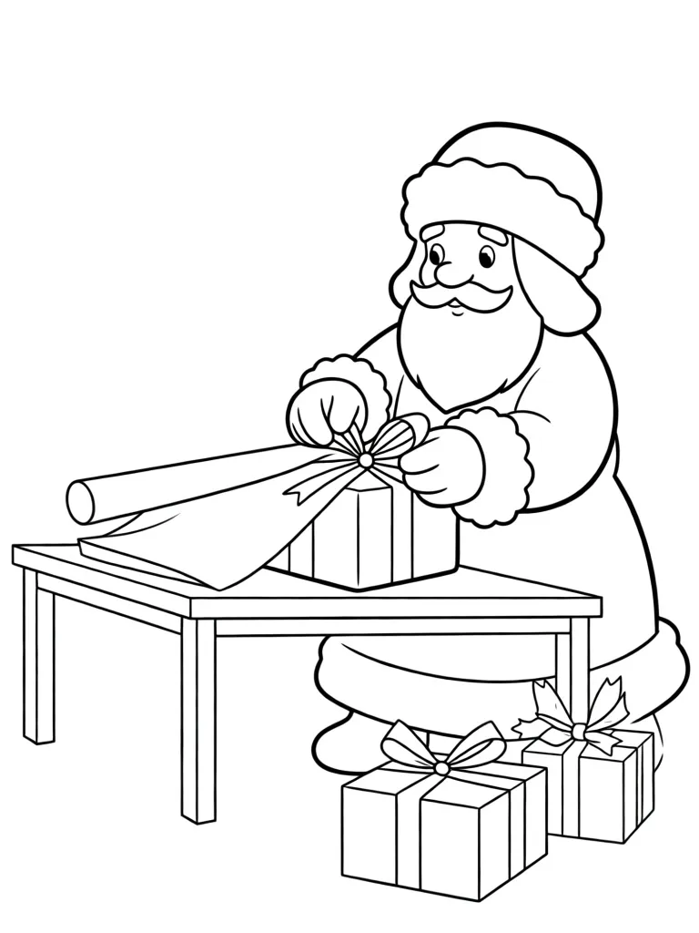 Раскраска – Дед мороз упаковывает подарки