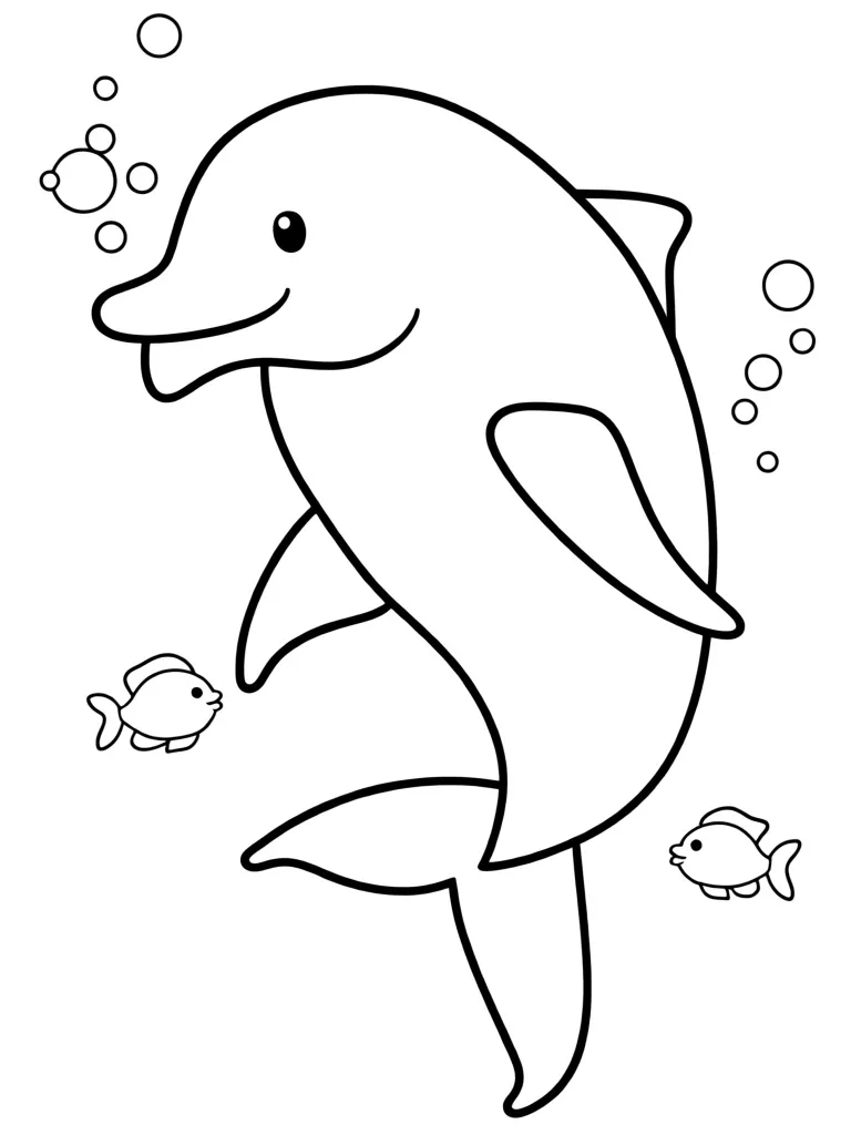 Раскраска – Дельфин плавает с рыбами