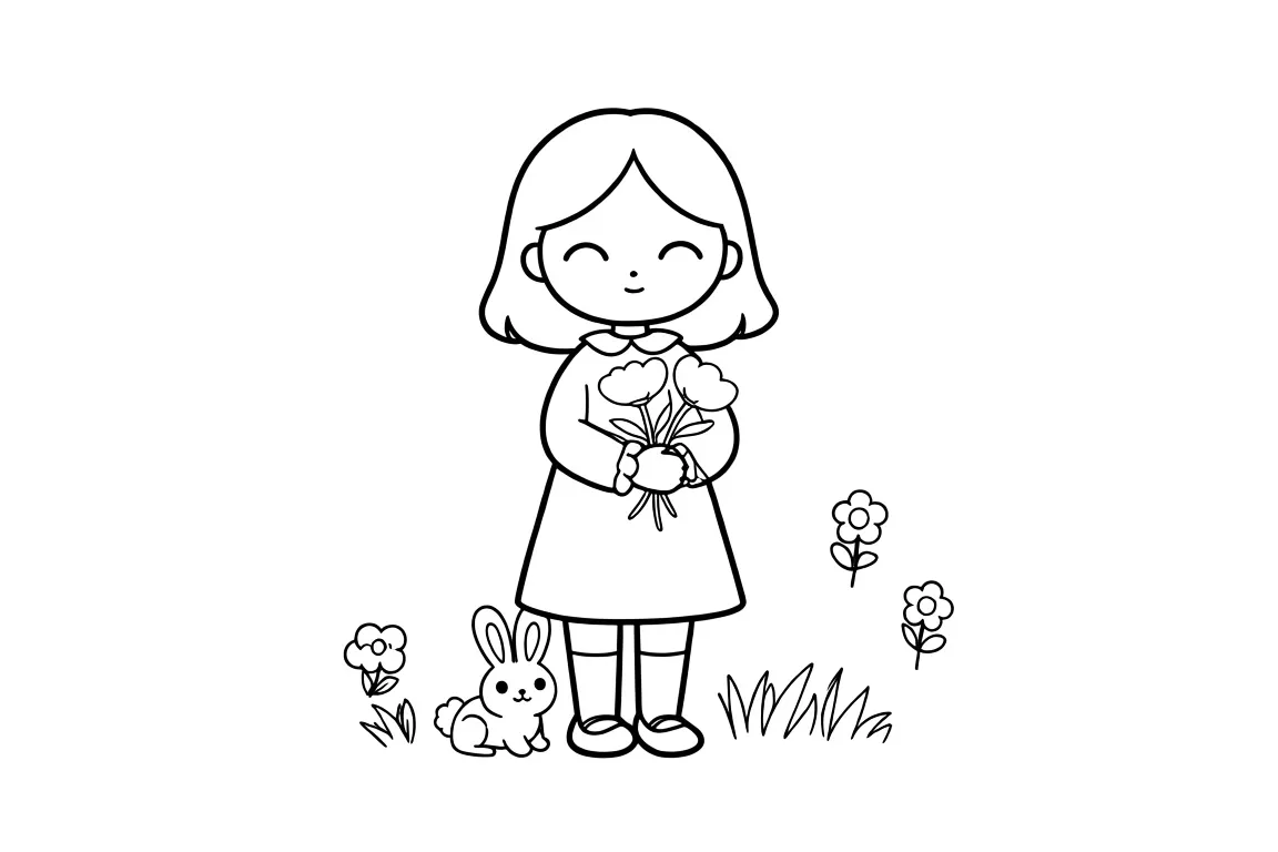 Раскраска – Девочка на весеннем лугу
