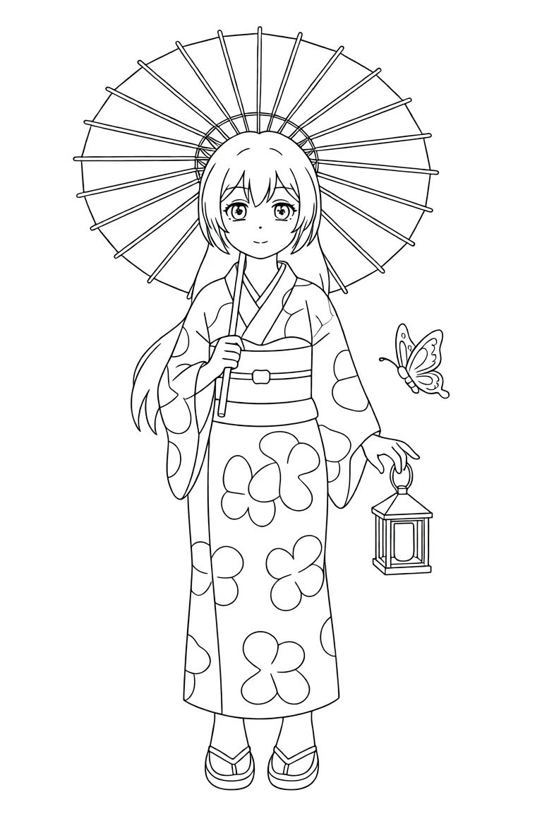 Раскраска – Девочка в кимоно и с зонтиком