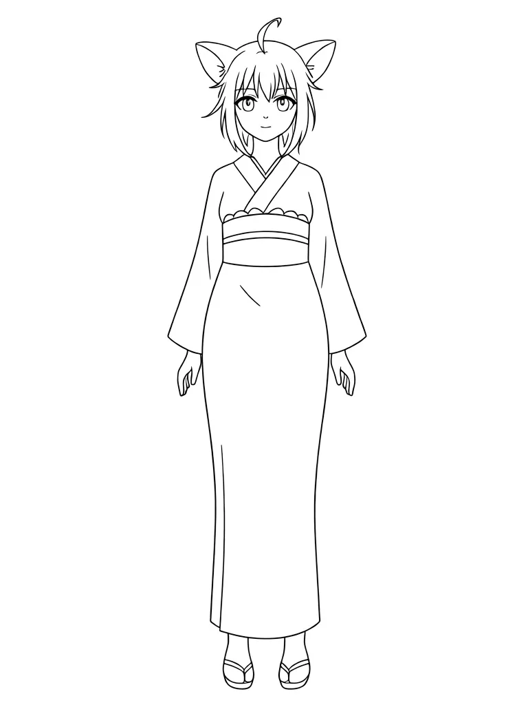 Раскраска – Девушка-неко в кимоно