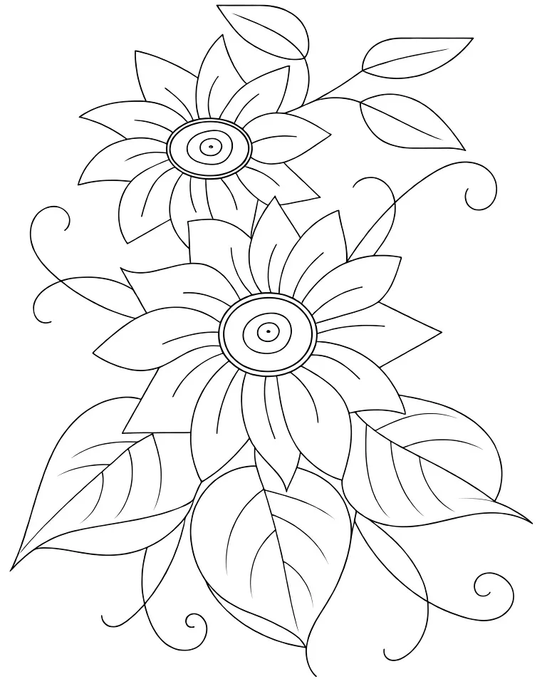 Раскраска – Два подсолнуха с листочками