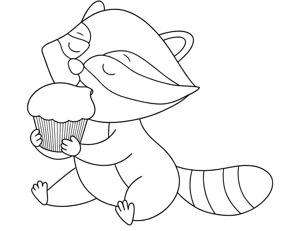 Раскраска – Енот есть пирожное