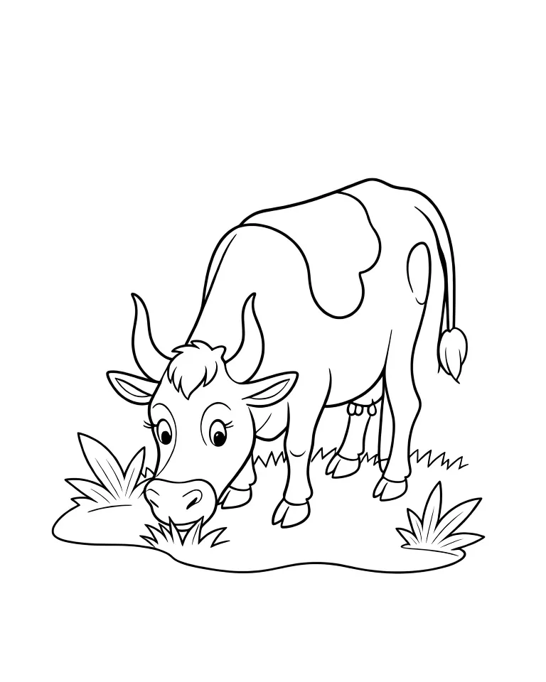 Раскраска – Корова пасется на лугу
