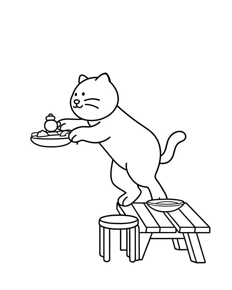 Раскраска – Кошка залезла на стол
