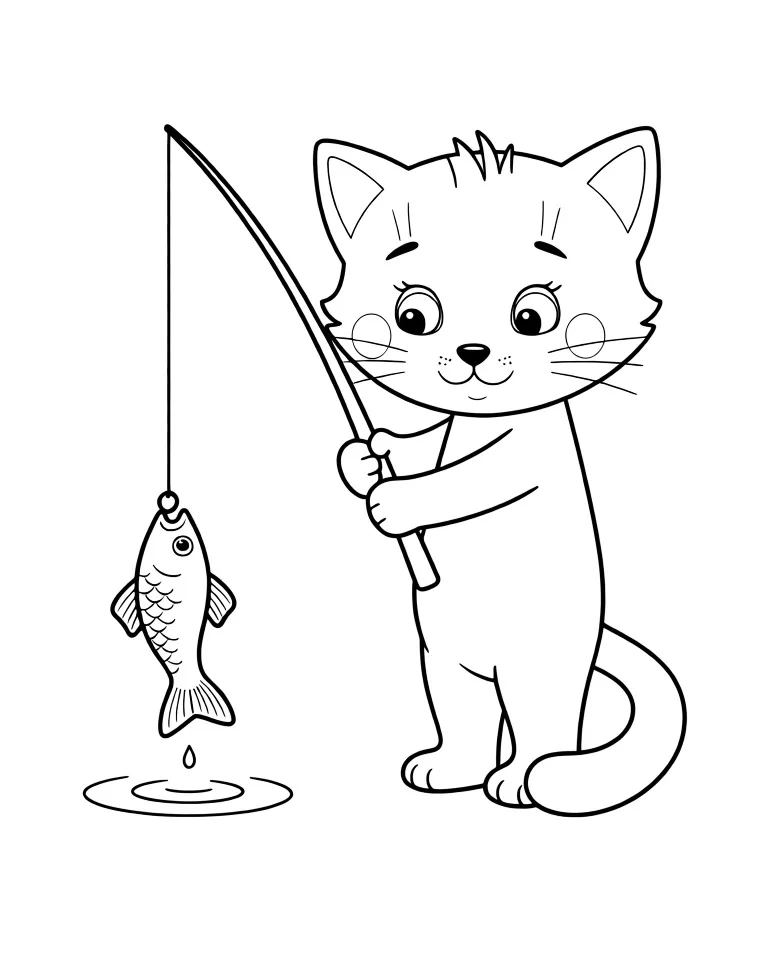 Раскраска – Котенок ловит рыбу
