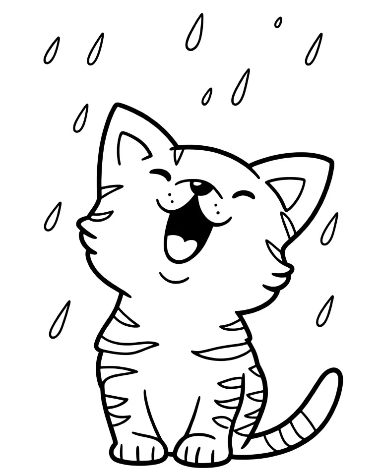 Раскраска – Котик радуется дождю