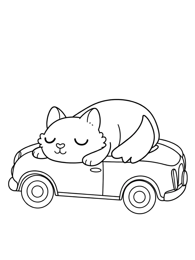 Раскраска – Котик спит на машине