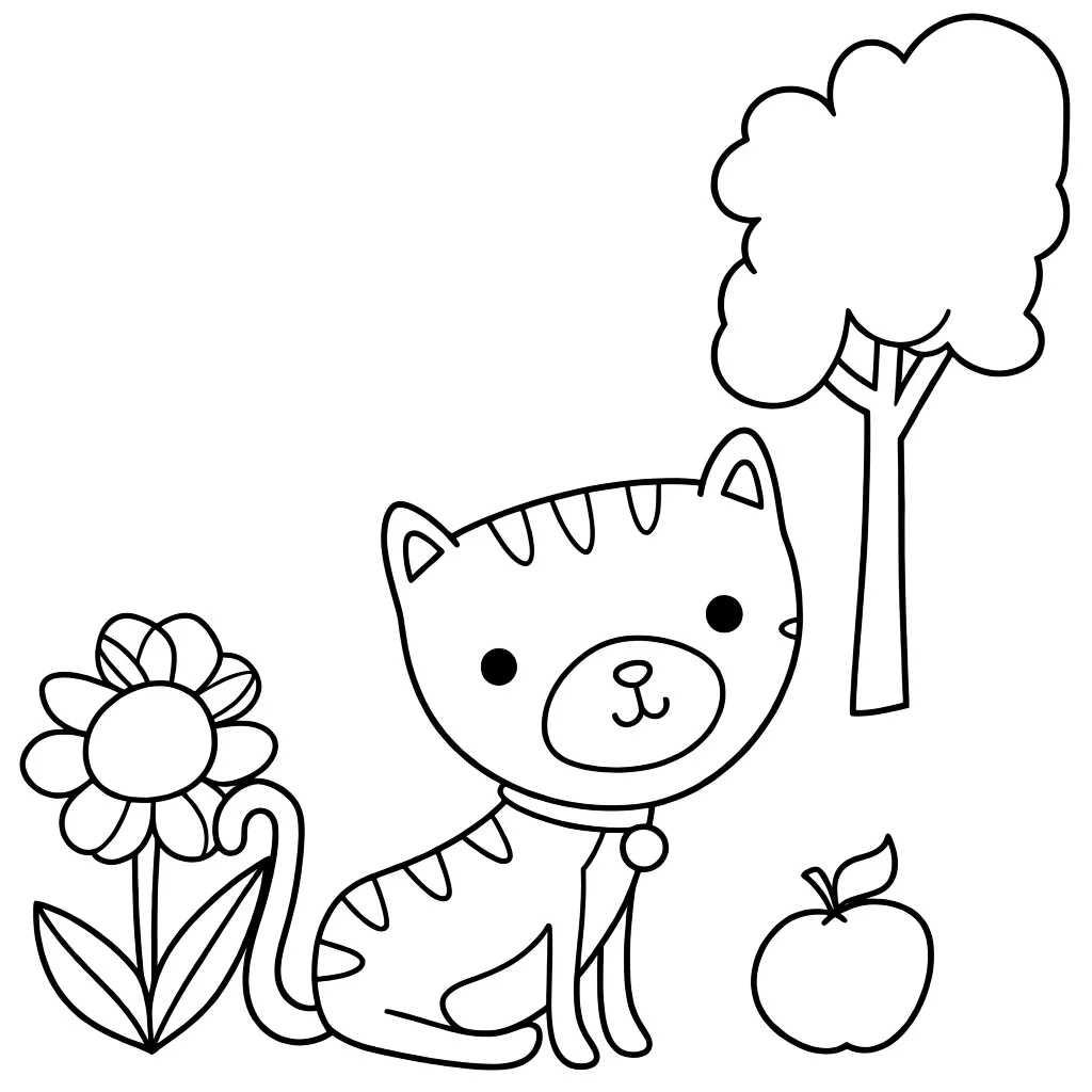 Раскраска – Котик в саду