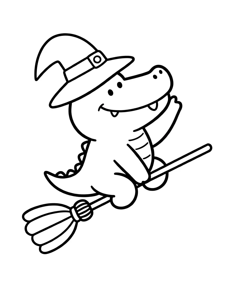 Раскраска – Крокодил верхом на метле