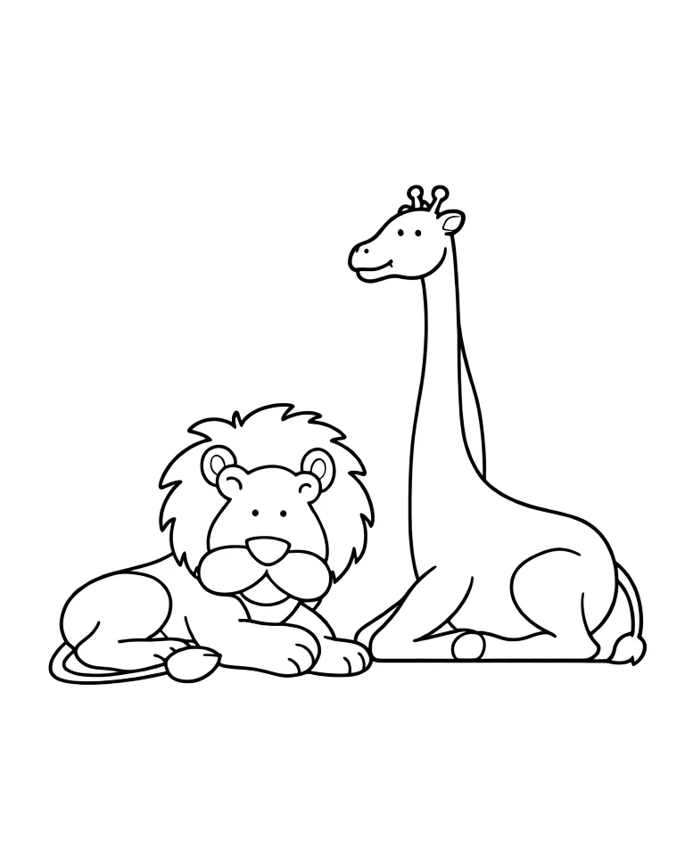 Раскраска – Лев и жираф отдыхают в саванне