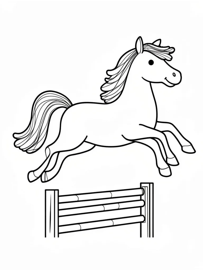 Раскраска – Лошадка прыгает через барьер