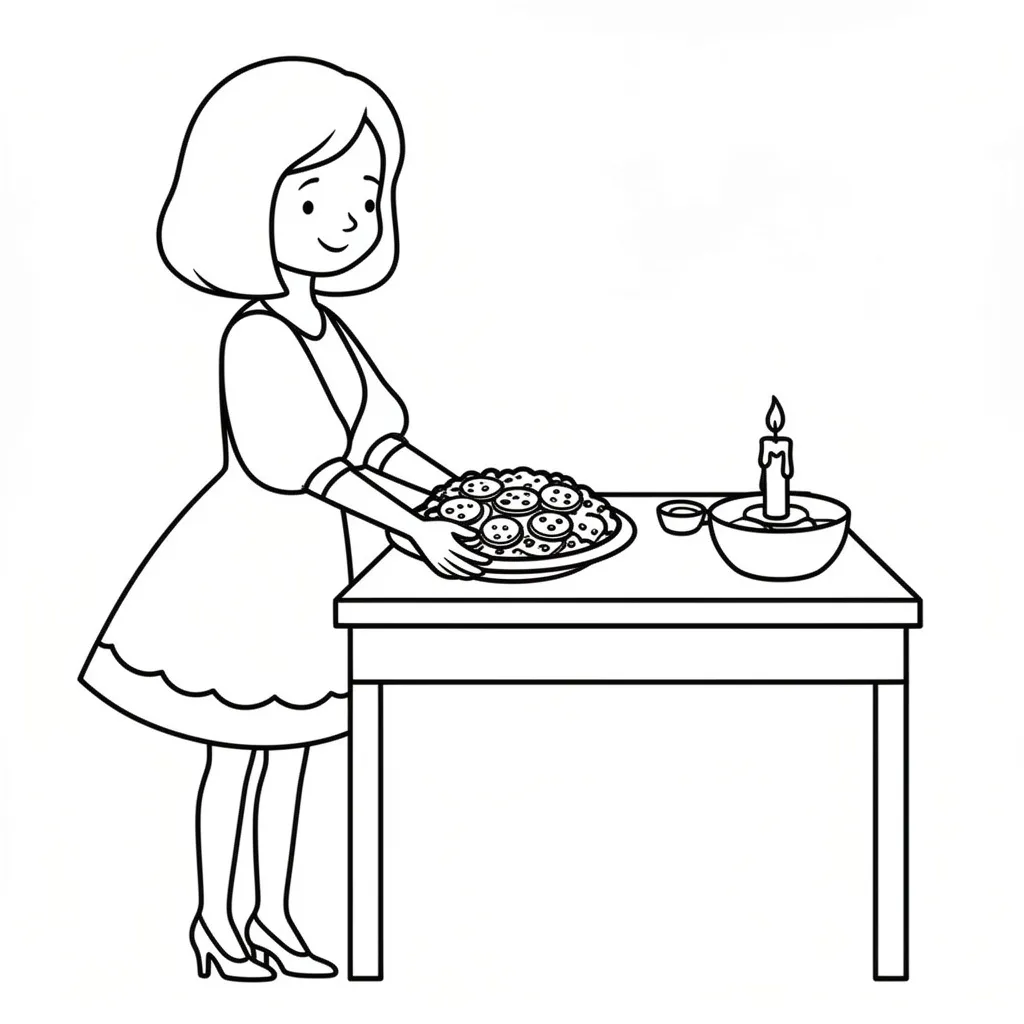 Раскраска – Мама готовит новогодний стол