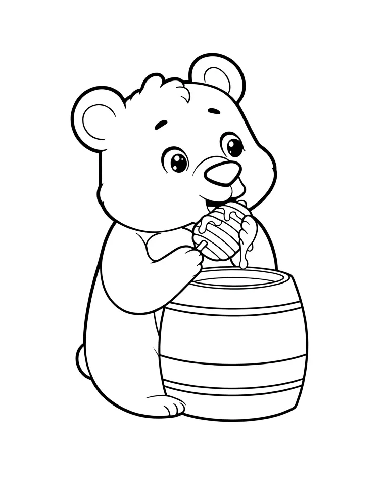 Раскраска – Медведь есть мед из бочки