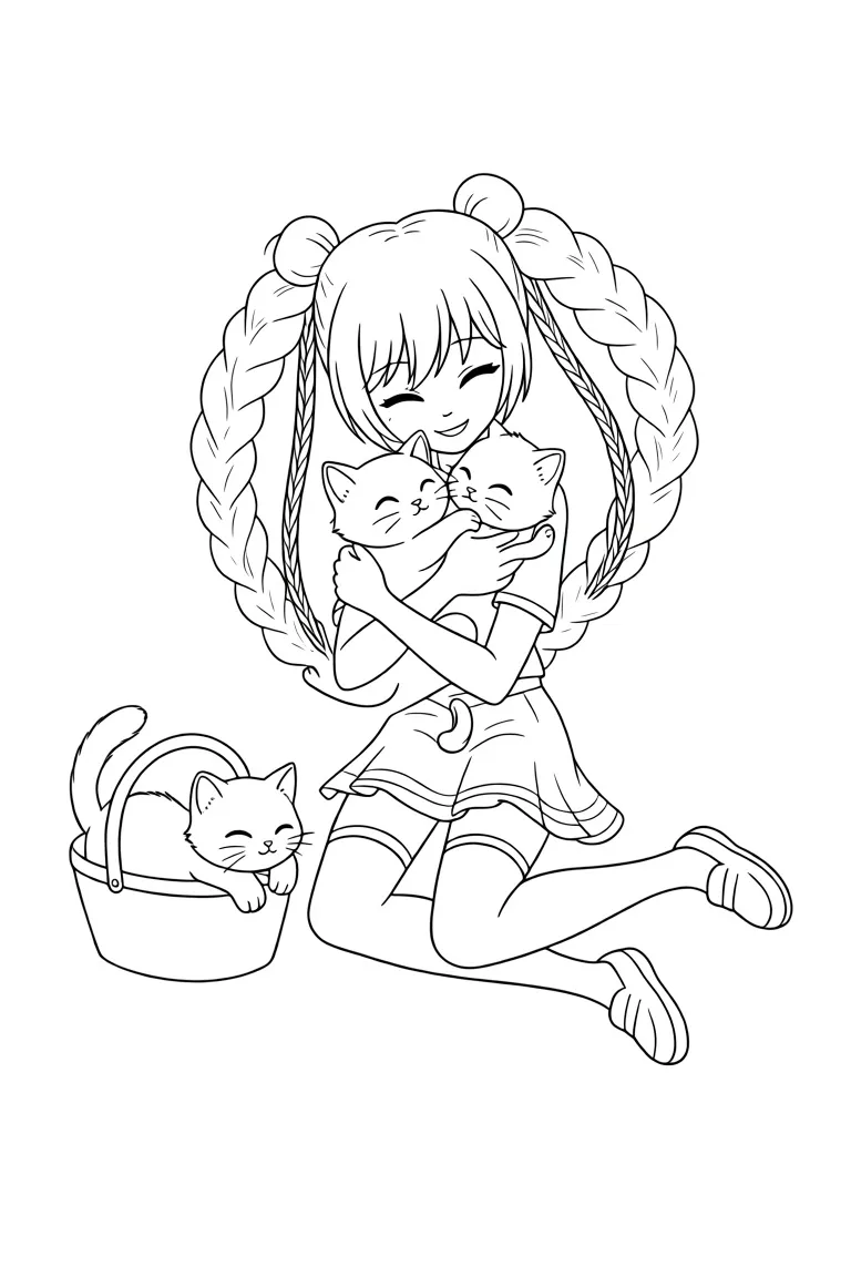 Раскраска – Милая девочка с котиком