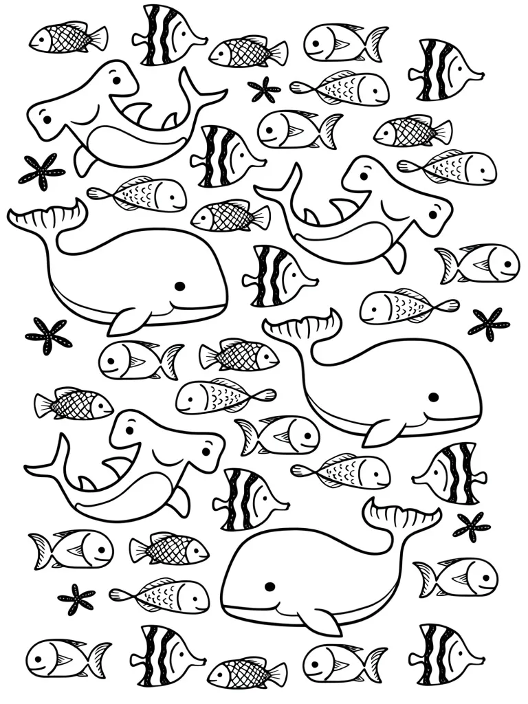 Раскраска – Множество рыбок и китов