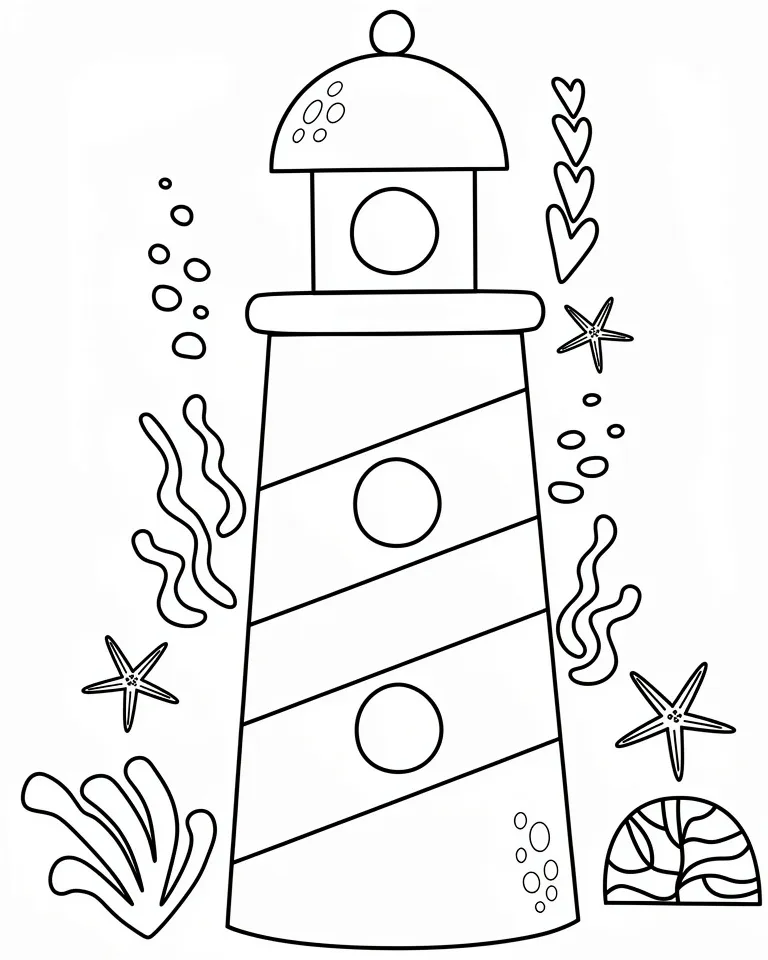 Раскраска – Морские звезды около маяка