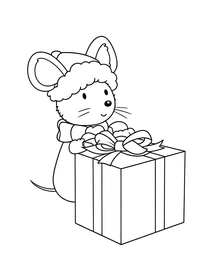 Раскраска – Мышка на новогоднем подарке