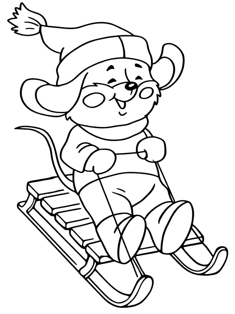 Раскраска – Мышонок на санках
