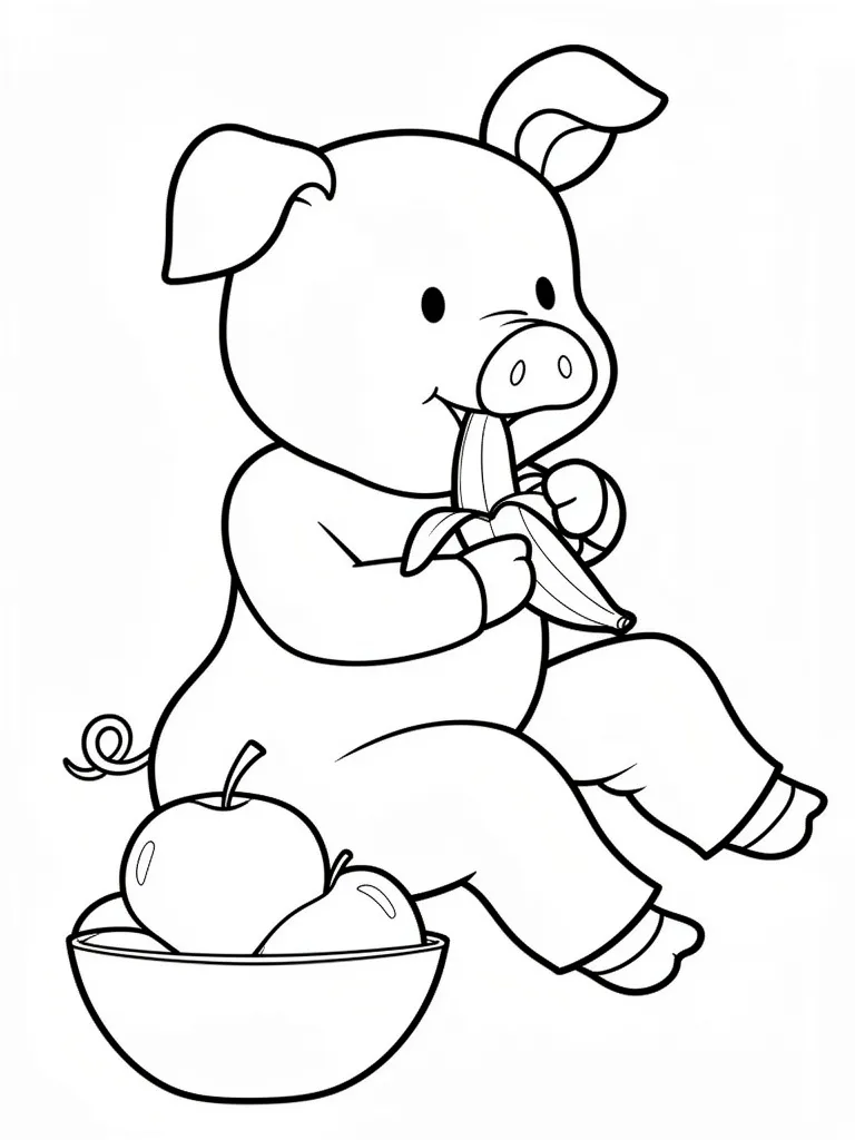 Раскраска – Поросенок кушает фрукты