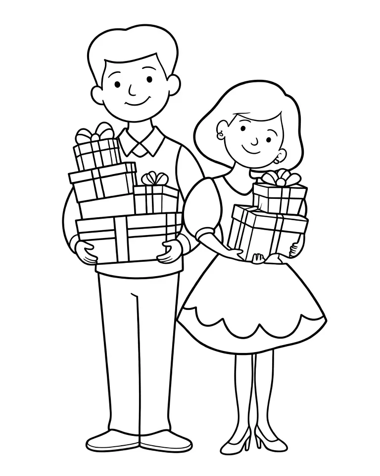 Раскраска – Родители с подарками