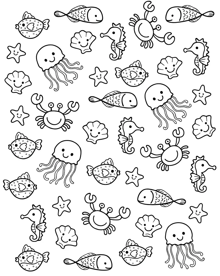 Раскраска – Рыбки, медузы и крабики
