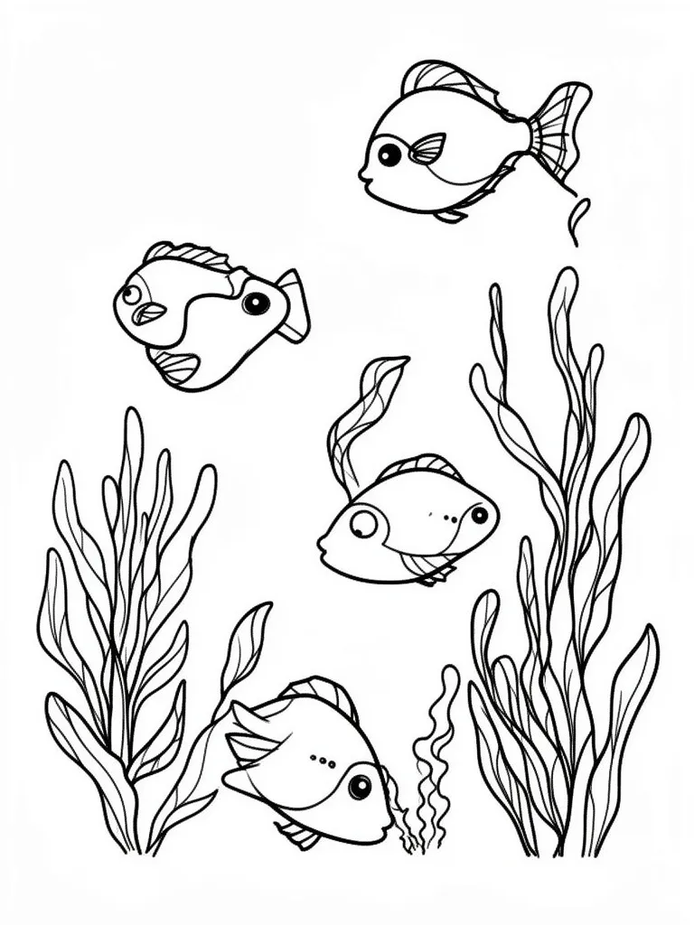 Раскраска – Рыбки среди водорослей