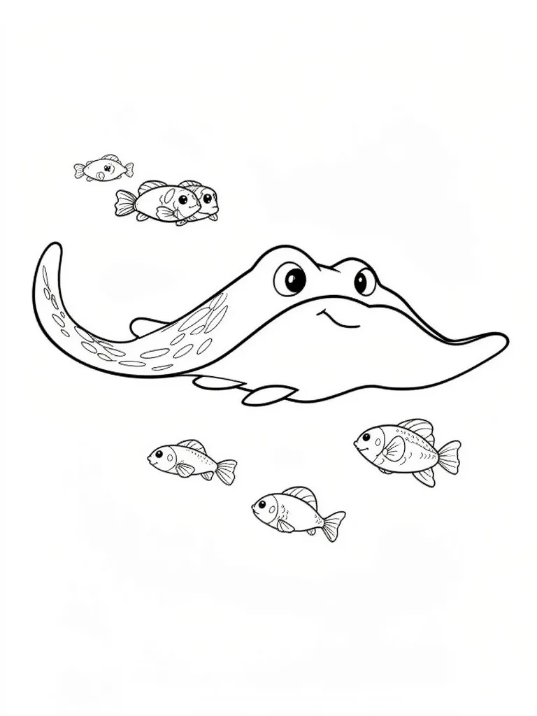 Раскраска – Скат плавает с рыбами