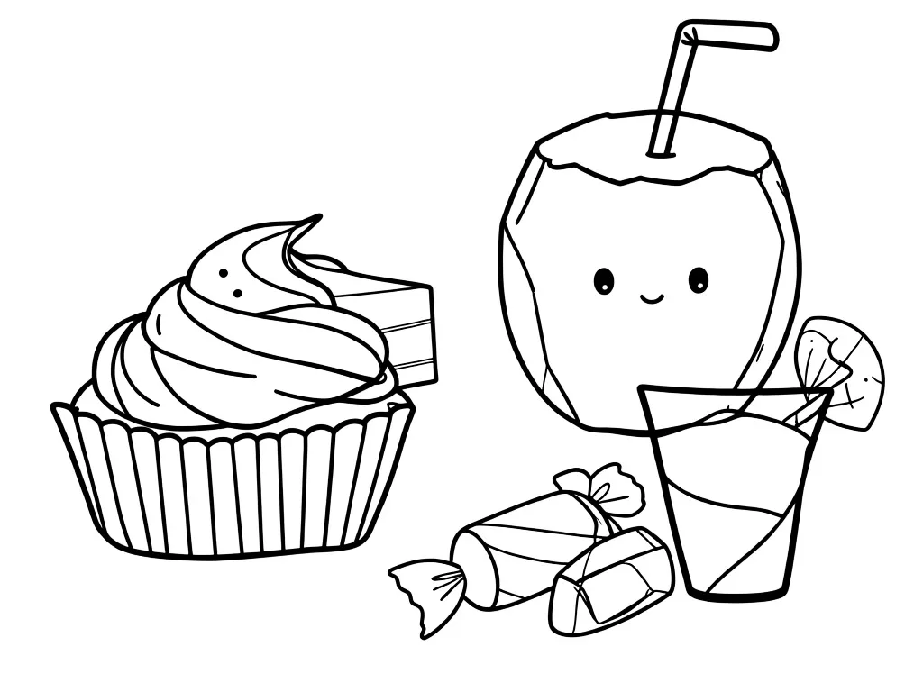 Раскраска – Сладости и кокосовый напиток