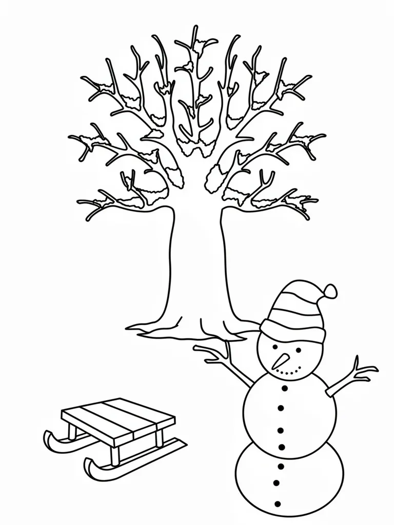 Раскраска – Снеговик у дерева