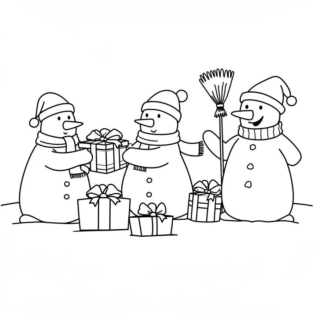 Раскраска – Снеговики с подарками