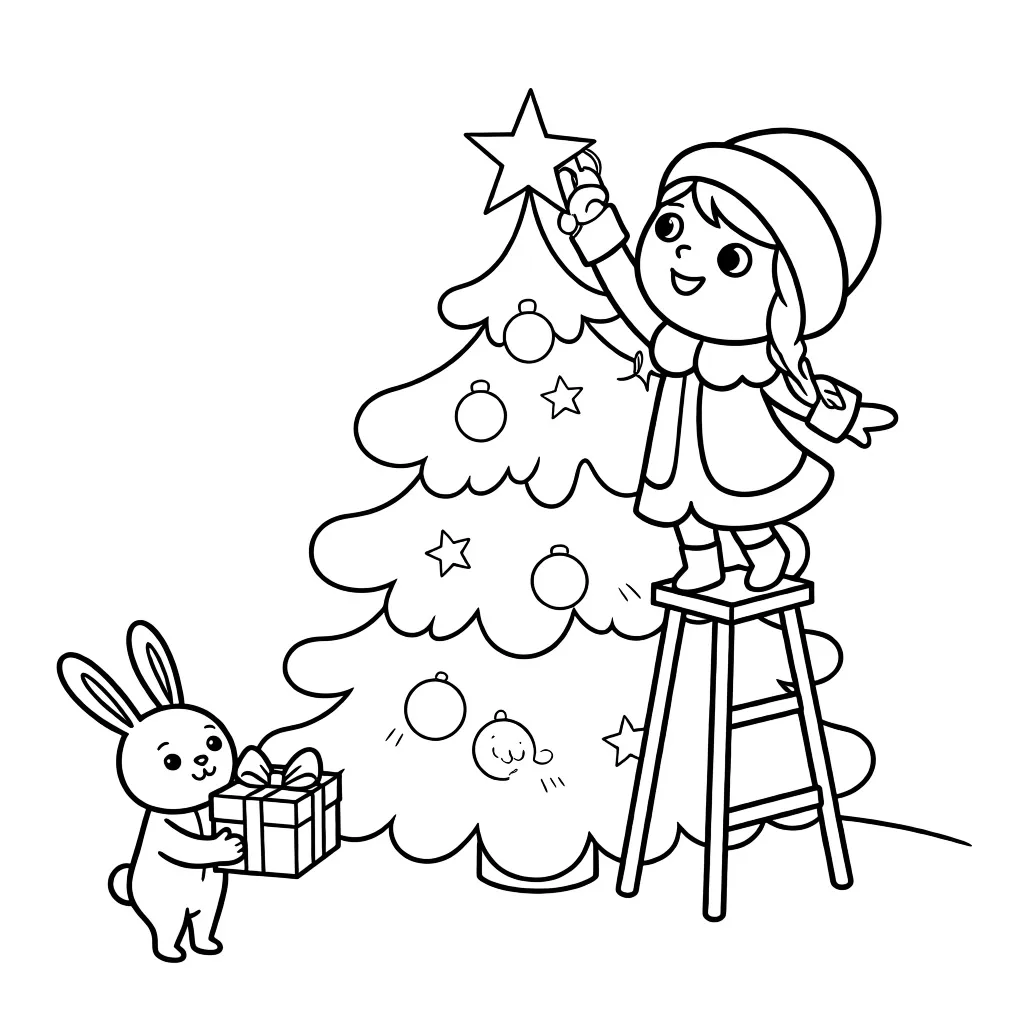 Раскраска – Снегурочка украшает елку